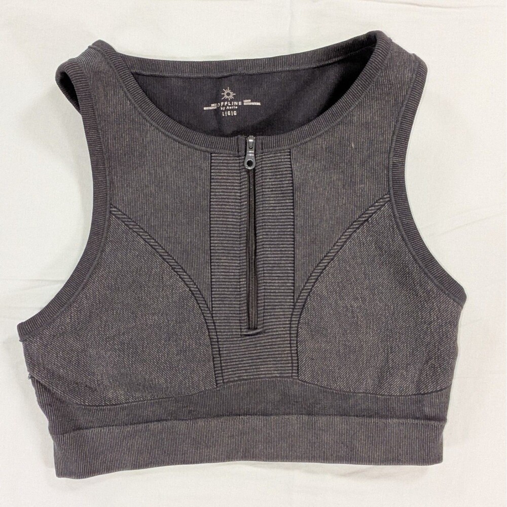 Offline By Aerie Seamless Sports Bra With Front Zip Large Charcoal Gray